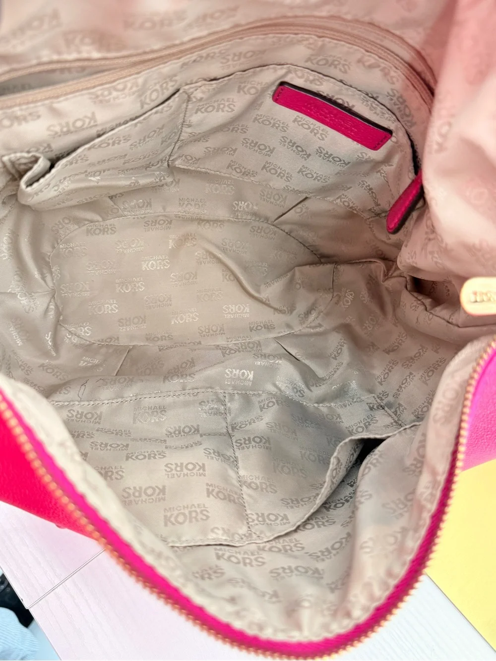MICHAEL KORS Hot Pink Leather Hobo Shoulder Bag Gold MK Logo